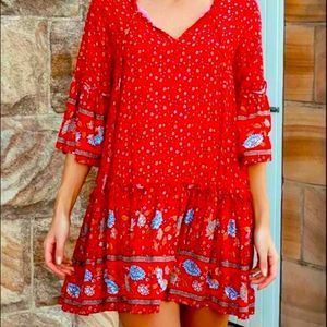 NWT! BOUTIQUE RED FLORAL TIE NECK BOHO MINIDRESS